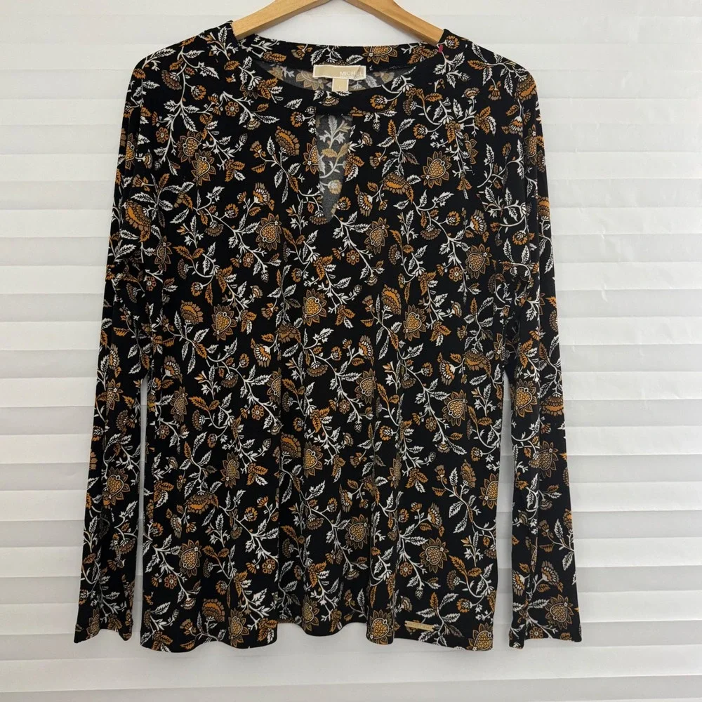 Michael Kors Womens Floral Keyhole Long Sleeve Top Black Gold Paisley L Office
